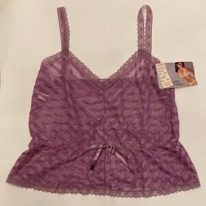 NWT Vintage Lily of France Camisole Purple Sheer Lace Edge Bow USA‎ Womens L